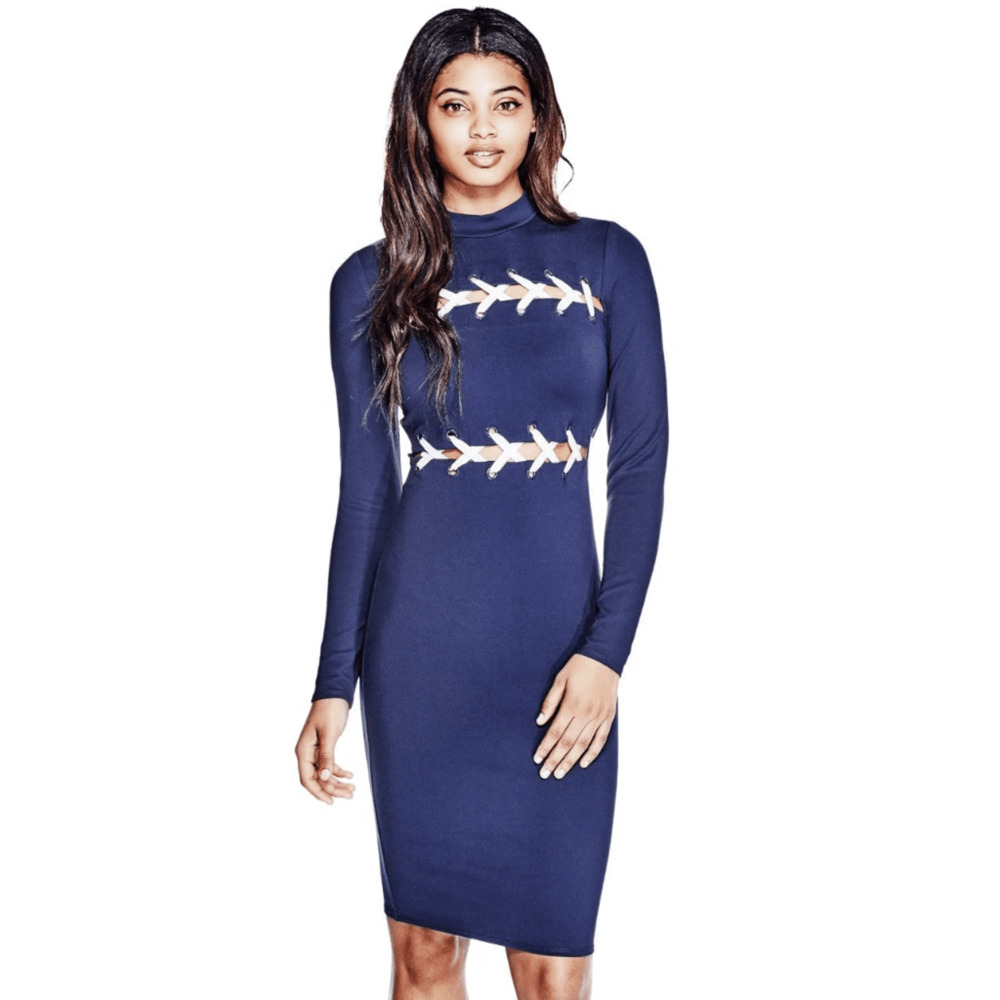 Guess Dress Womens Pia Detail Sweater Sheath Bodycon Blue Size Small